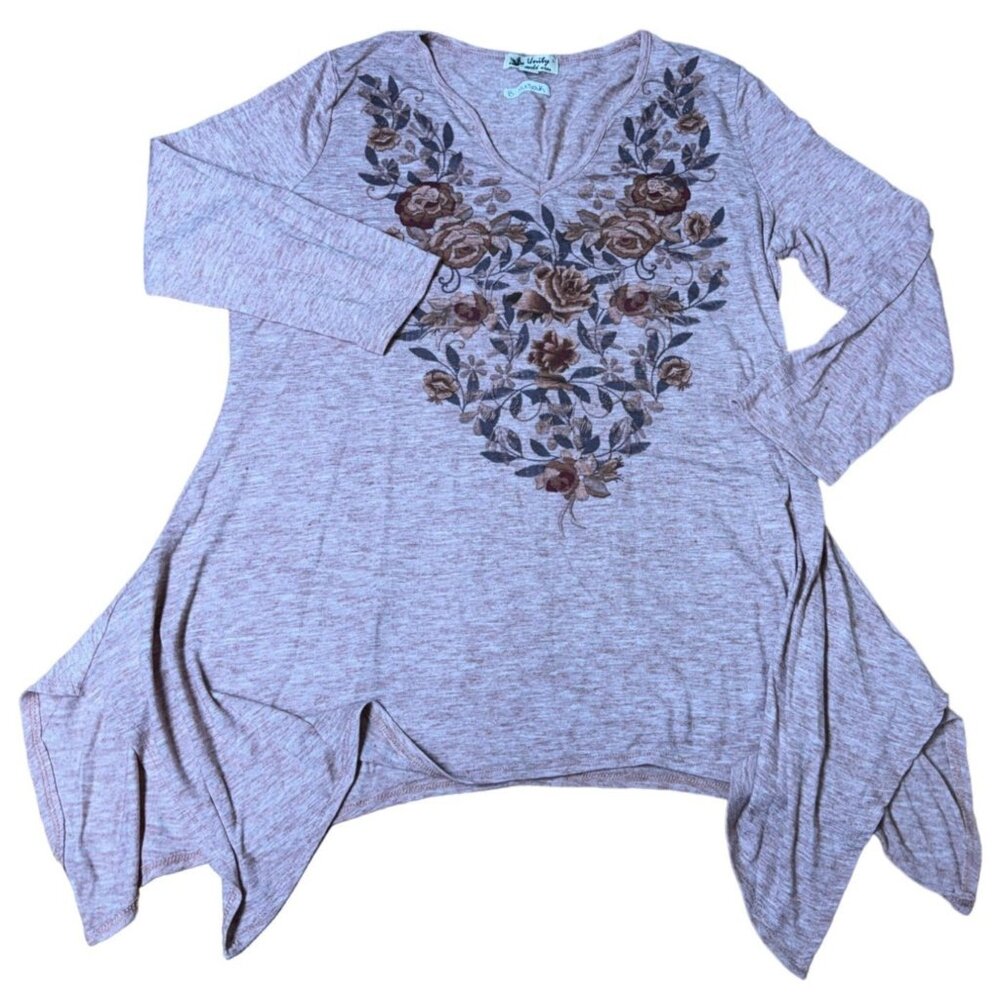 Unity World Wear Womens Long Sleeve Asymmetrical Tunic Top Floral Design Size L